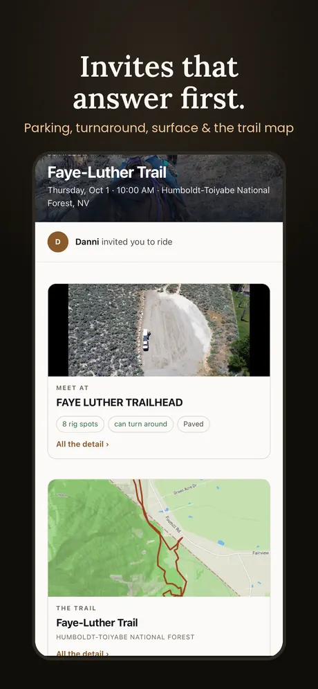 A ride invite showing the trailhead with 8 rig spots, turnaround and paved surface, and the trail map