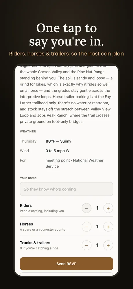 The ride invite's RSVP: weather, then riders, horses and trucks and trailers to count