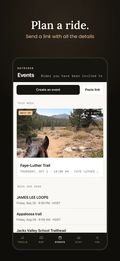 The Events tab with the next ride and past rides